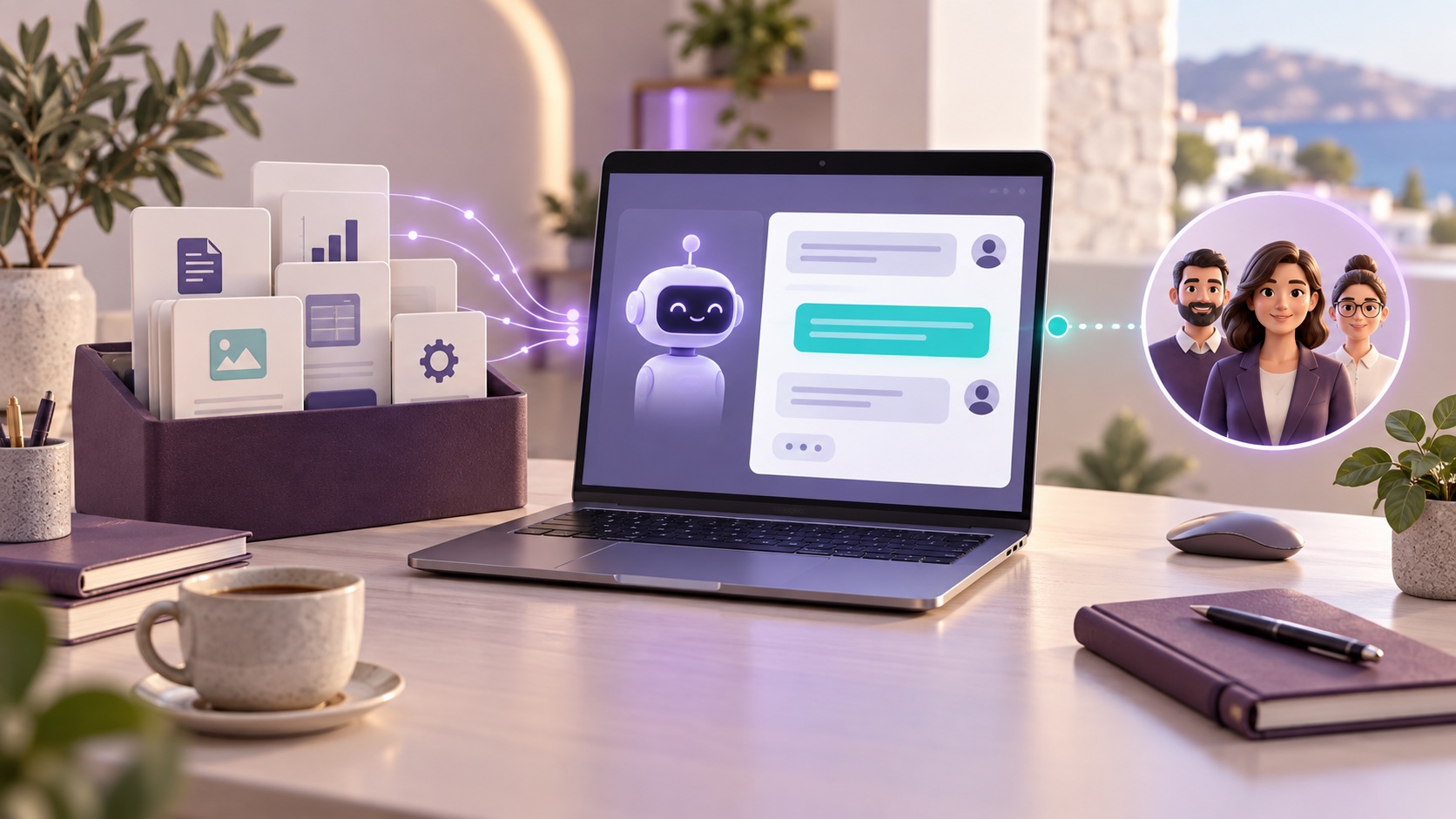 AI chatbot σε laptop, με πληροφορίες επιχείρησης και ομάδα εξυπηρέτησης